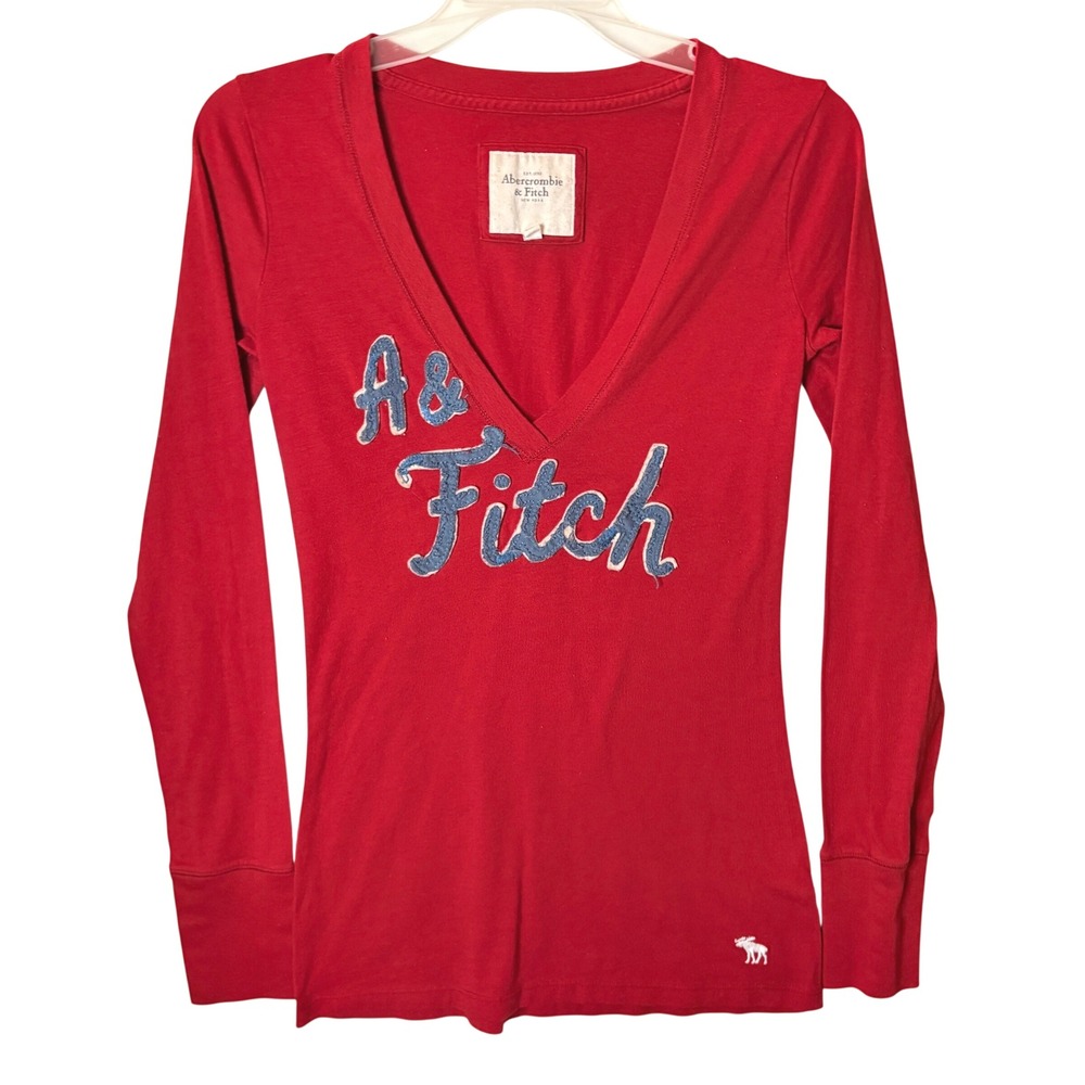 Abercrombie & Fitch Spellout Tee Womens S Red Y2K Embroidered Long Sleeve V-Neck
